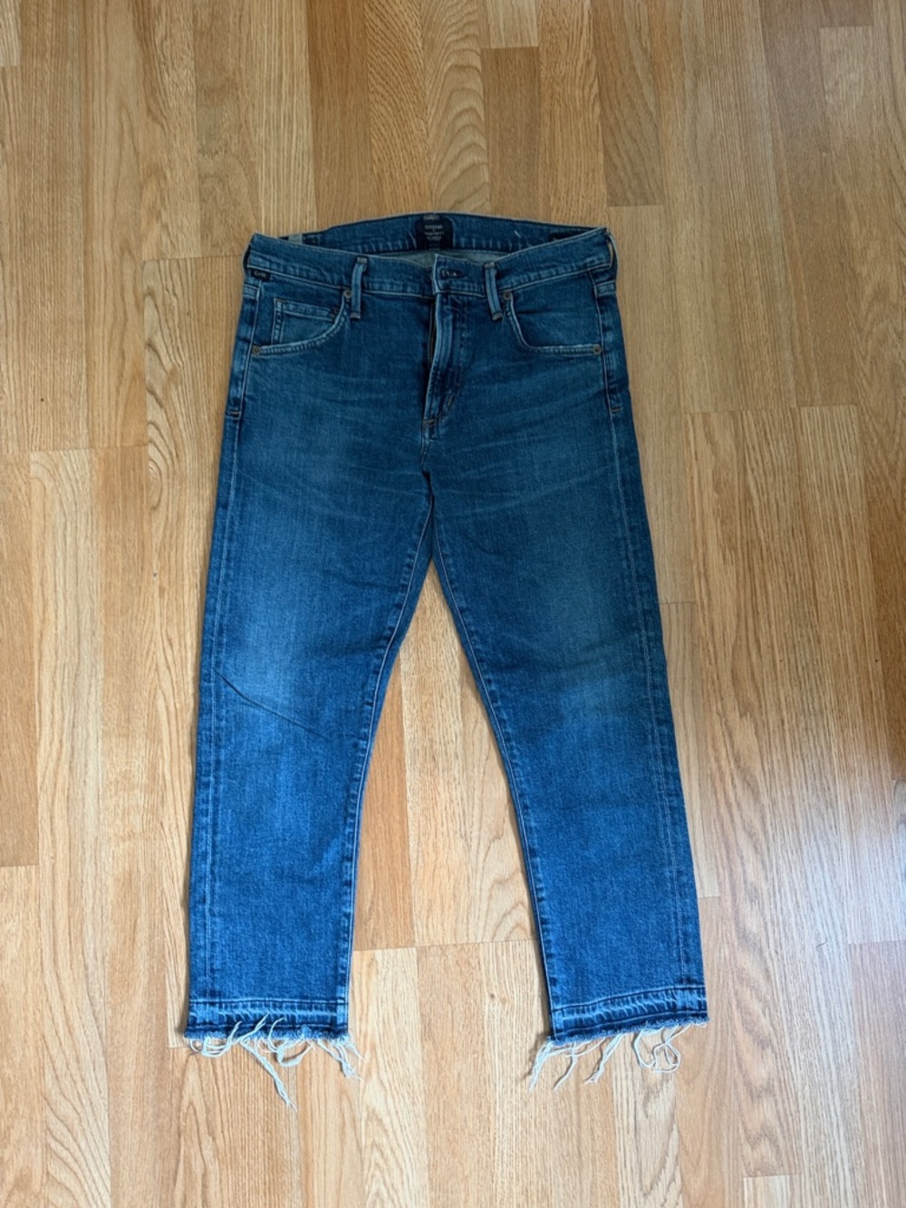 Citizens Of Humanity Blue Cropped Slim Straight Jeans with Frayed Hem